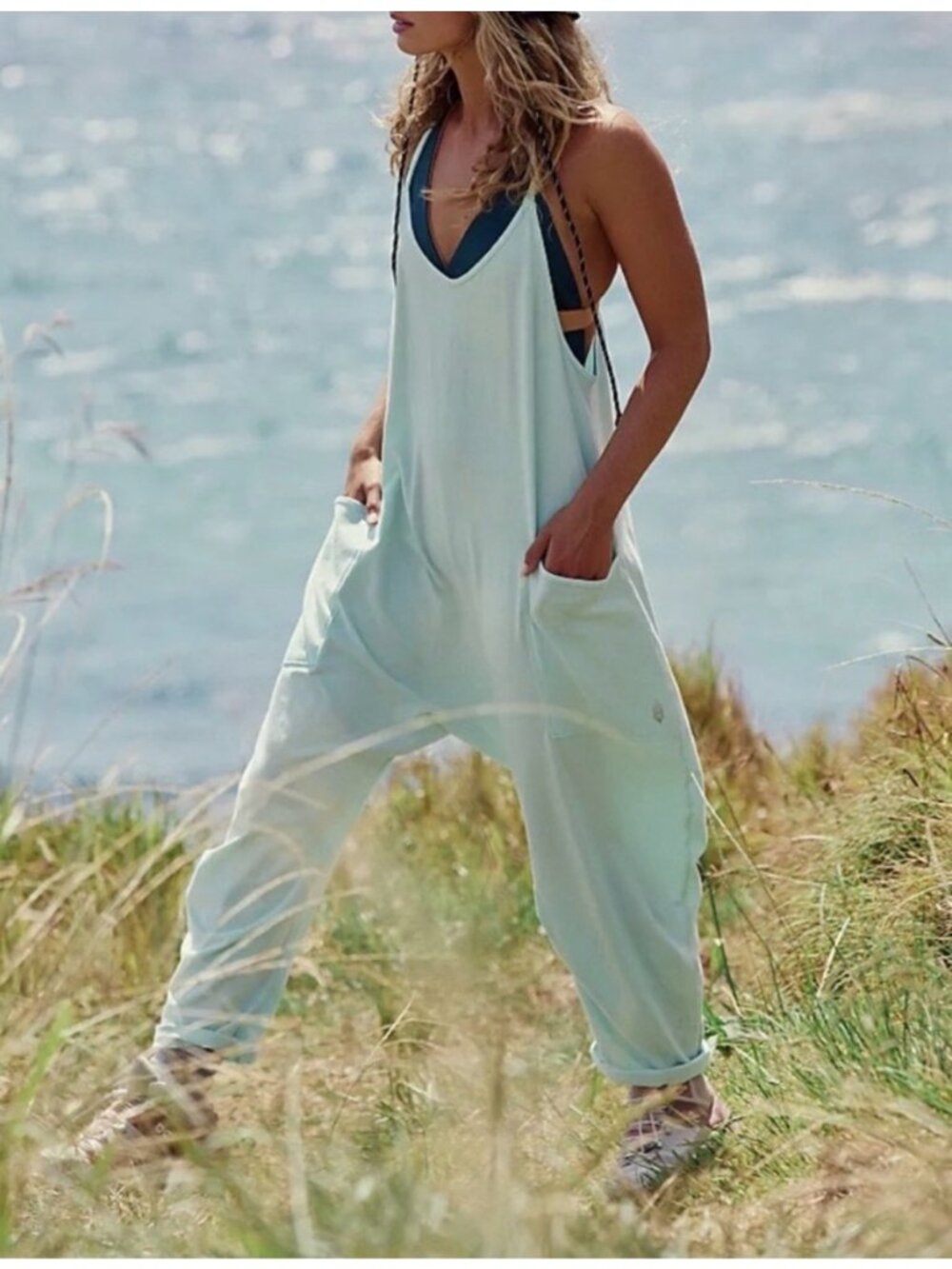 NWT Free People FP Movement Size Small Hot Shot Onesie in Washed Aqua Mint Green